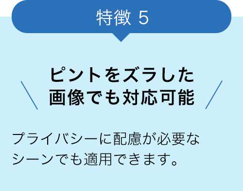 特徴5 ピントをズラした画像でも対応可能 プライバシーに配慮が必要なシーンでも適用できます。